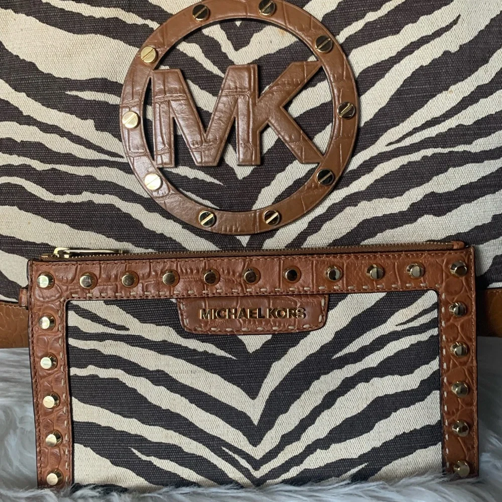 Michael Kors Zebra Print Tote and Clutch Set - Brown